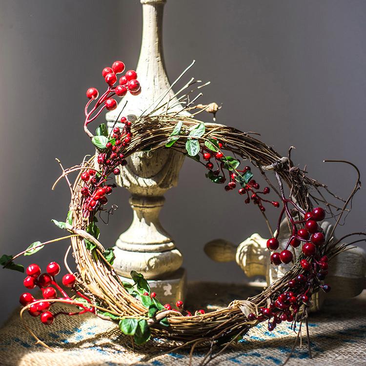 Natural Rattan Willow Small Berry Wreath in Green and Red 2.5" D Set of 2 RusticReach 