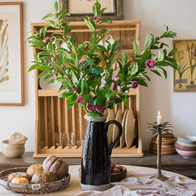 Silk Camellia Flower Leaf Stem in Champagne Pink or Purple - RusticReach