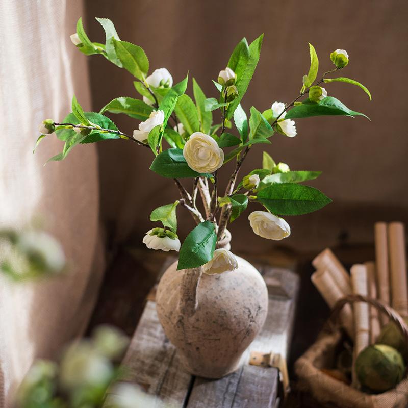 Faux Silk Camellia Flower Leaf Stem in Green or White - RusticReach