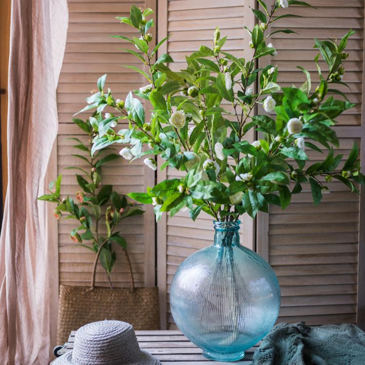 Faux Silk Camellia Flower Leaf Stem in Green or White - RusticReach