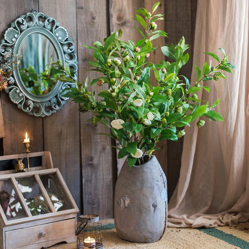 Faux Silk Camellia Flower Leaf Stem in Green or White - RusticReach