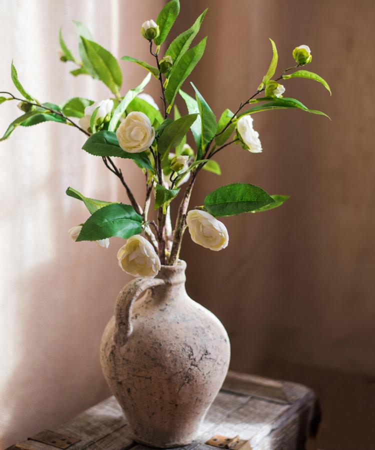 Faux Silk Camellia Flower Leaf Stem in Green or White - RusticReach