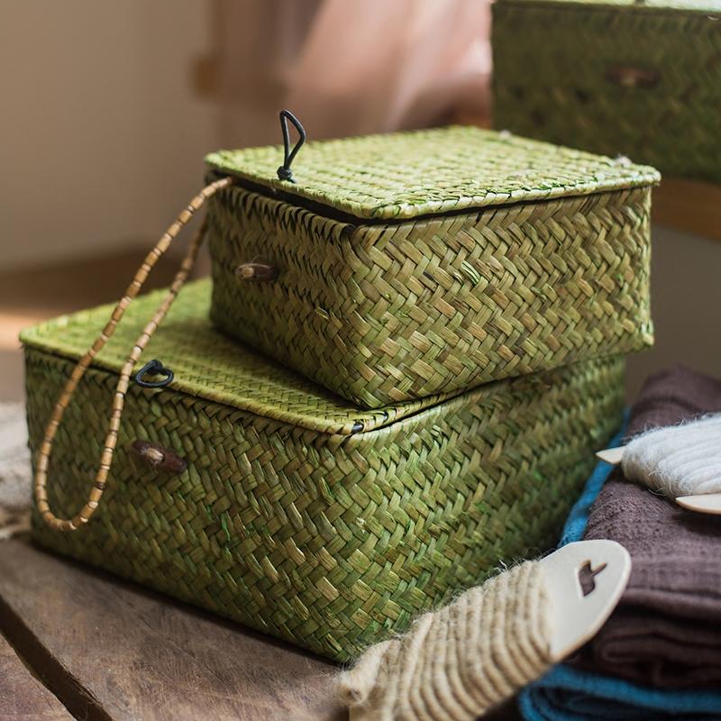 Straw Basket Natural Small Lidded Basket In Green Set Of 3 RusticReach   Straw Basket Natural Small Lidded Basket In Green Set Of 3 Rusticreach 732512 