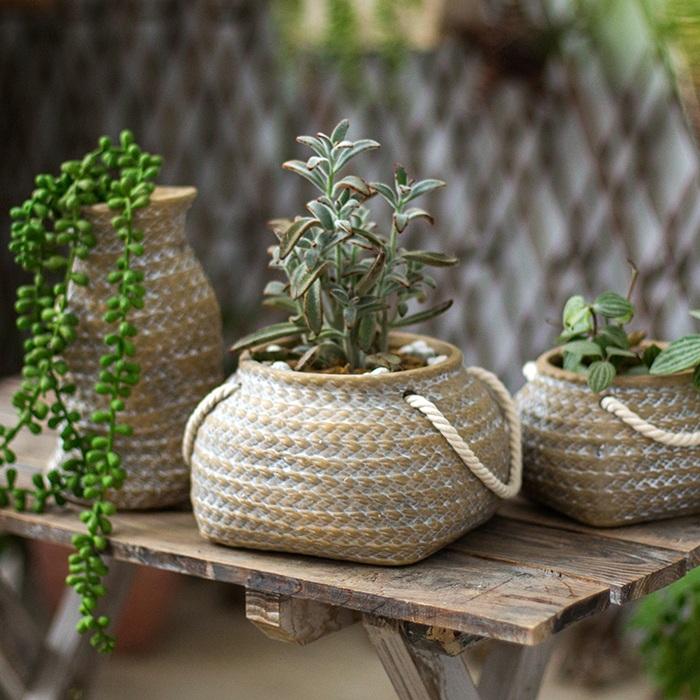 Tiny Ceramic Planter Hemp Bag Design with Rope Handles - RusticReach
