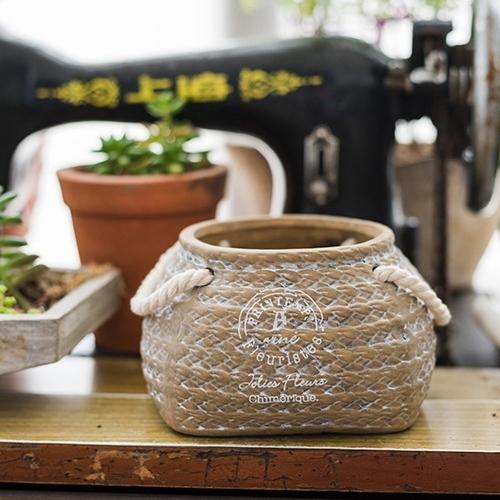 Tiny Ceramic Planter Hemp Bag Design with Rope Handles - RusticReach