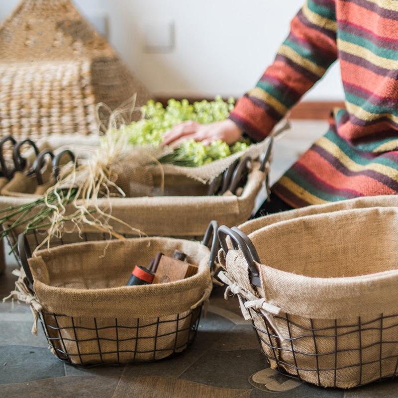 Wire Basket With Linen Liner Oval - RusticReach