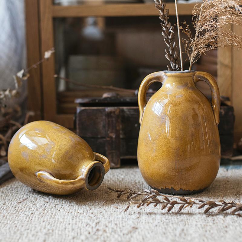 Yellow Glazed Ceramic Vase with Handles RusticReach 