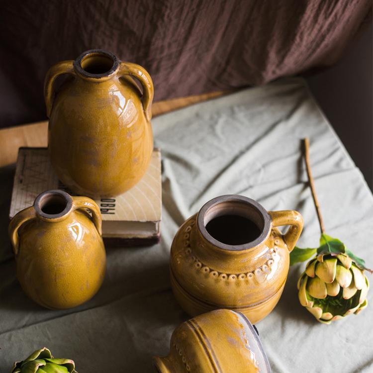 Yellow Glazed Ceramic Vase with Handles RusticReach 